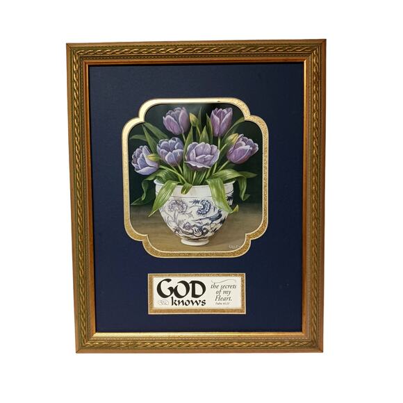 Christian Scripture Framed Picture Purple Floral Tulips Ps 44:21 Inspirational - Picture 3 of 13